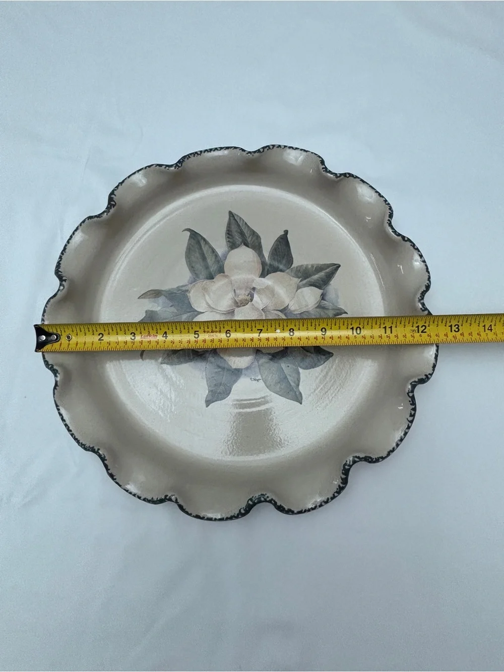 Vintage Casey Pottery Stoneware Pie Baking Dish with Magnolia Ruffled Edge